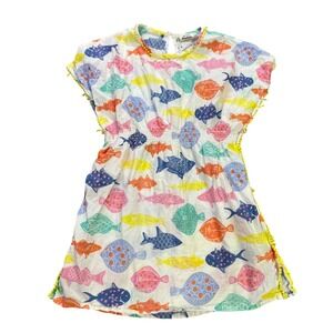 Mini Boden Girls White Multicolor Fish Print Pom Pom Trim Dress Cover Up 9-10Y